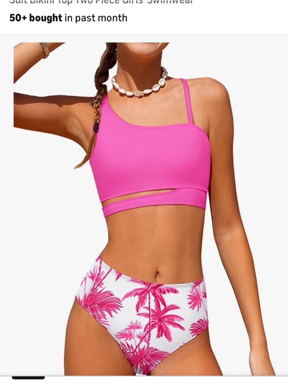NEW- 13-14 Girls Pink One-Shoulder Cutout Bikini Top with Tropical Print Bottoms - Picture 6 of 8
